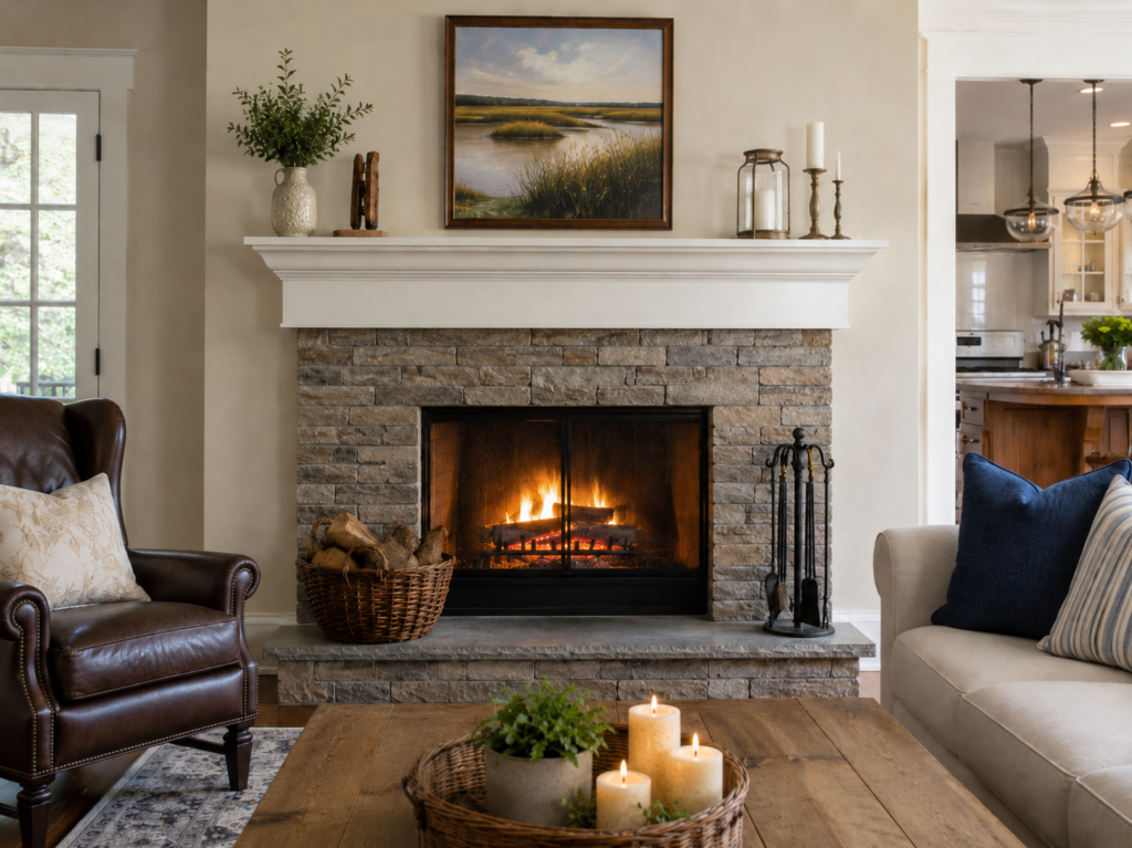 Lit stone fireplace in a living room with armchairs and candles on the hearth